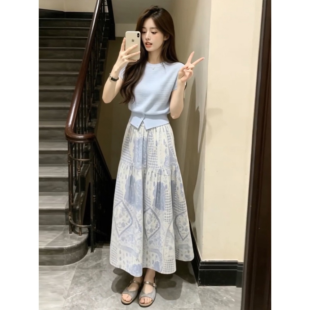 Pinched waist summer long skirt fashion tops a set