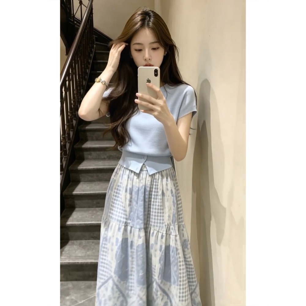Pinched waist summer long skirt fashion tops a set