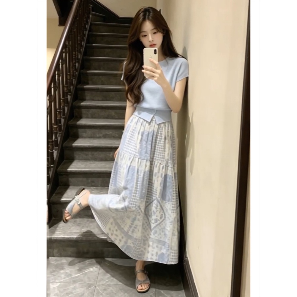 Pinched waist summer long skirt fashion tops a set