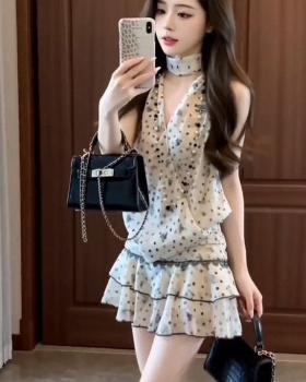 Halter Korean style polka dot tops slim summer skirt a set