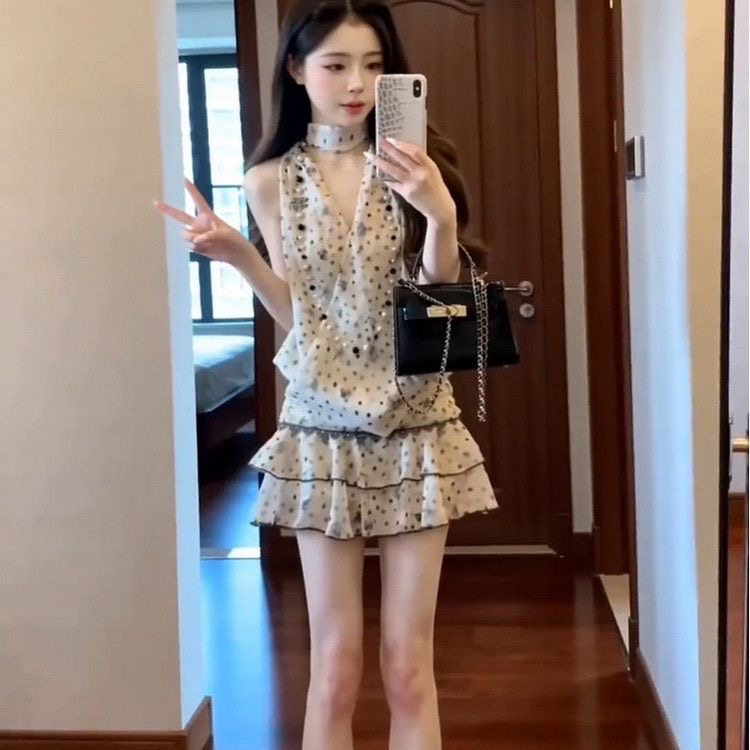 Halter Korean style polka dot tops slim summer skirt a set