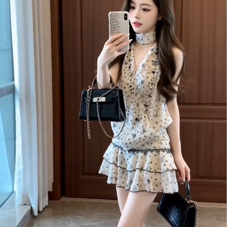 Halter Korean style polka dot tops slim summer skirt a set