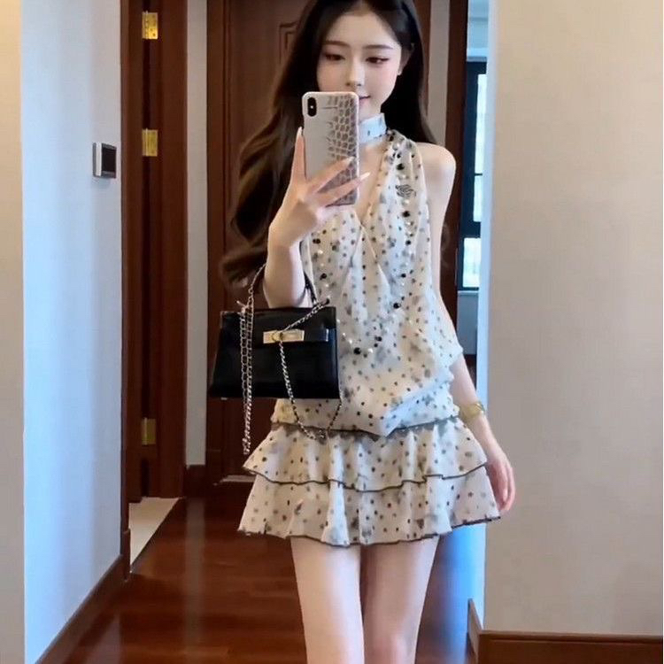 Halter Korean style polka dot tops slim summer skirt a set
