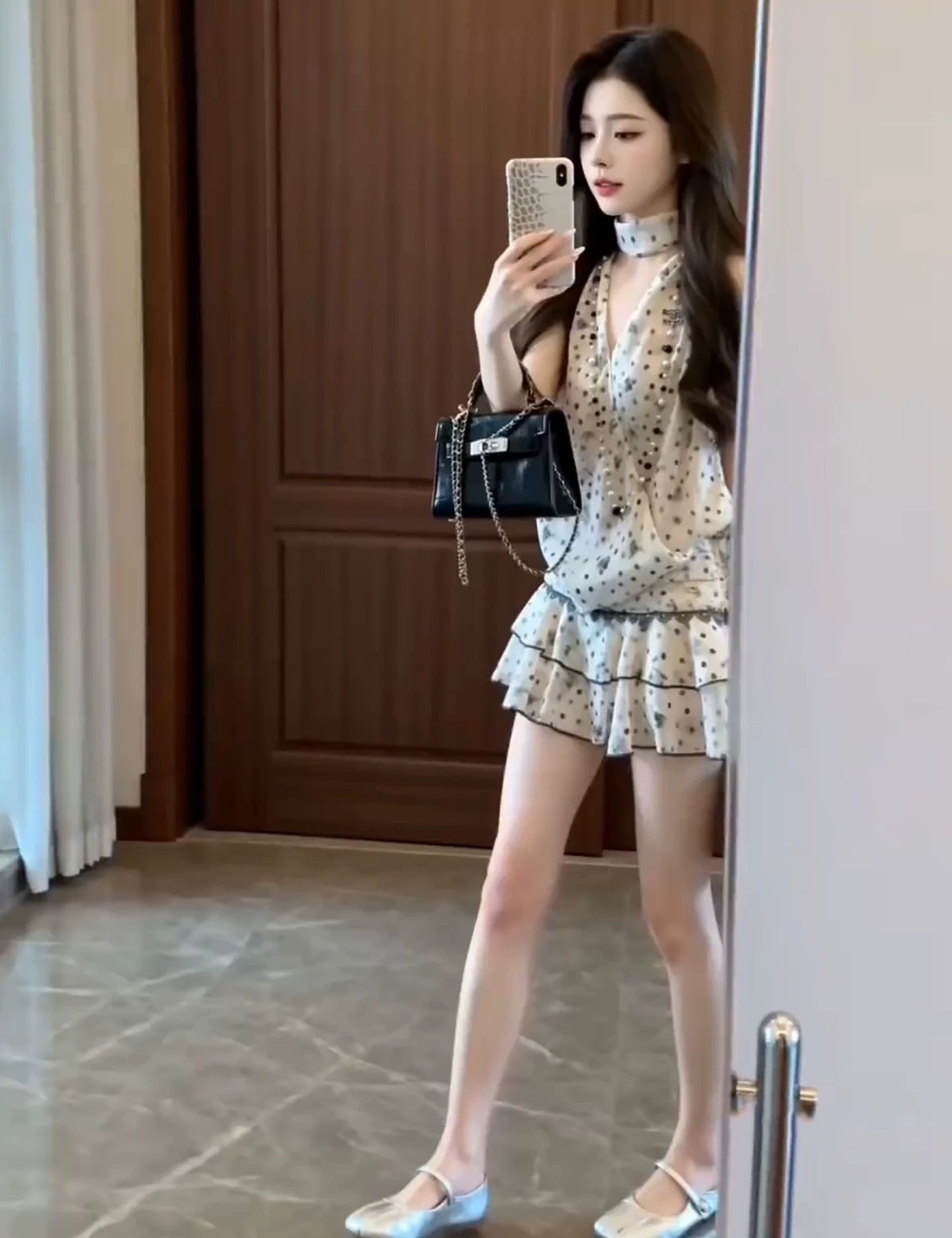 Halter Korean style polka dot tops slim summer skirt a set