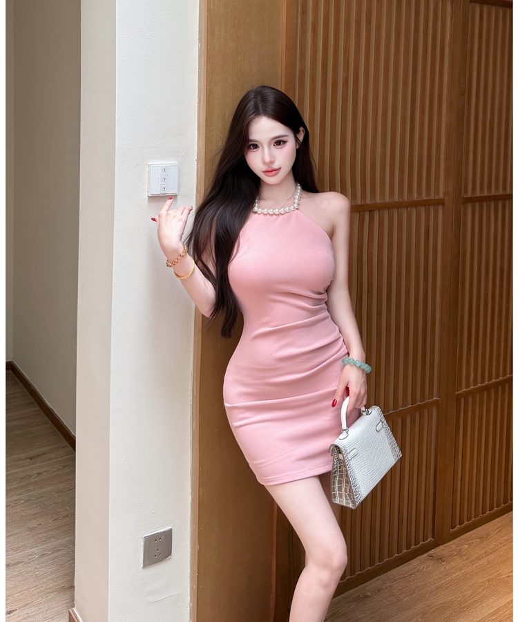 Sexy pearl pinched waist summer dress for women