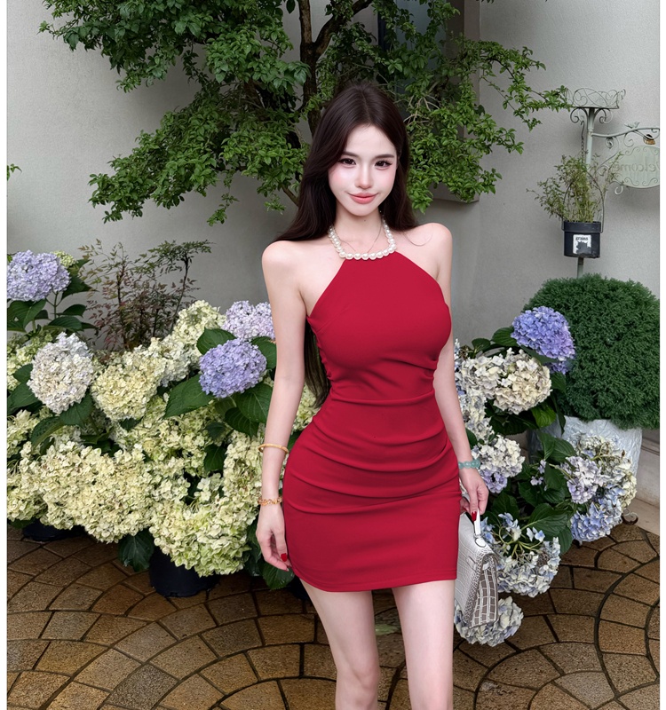 Sexy pearl pinched waist summer dress for women