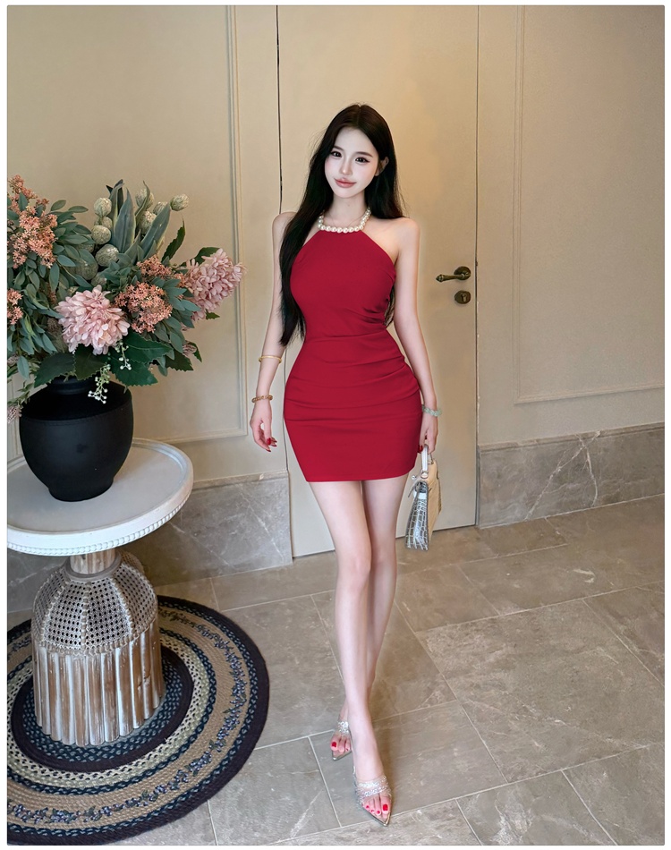 Sexy pearl pinched waist summer dress for women
