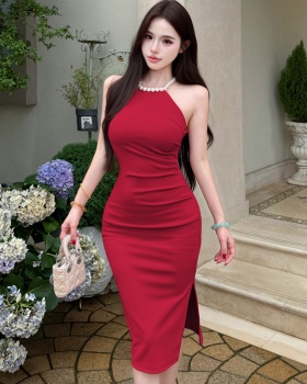 France style pearl halter elegant slim dress for women