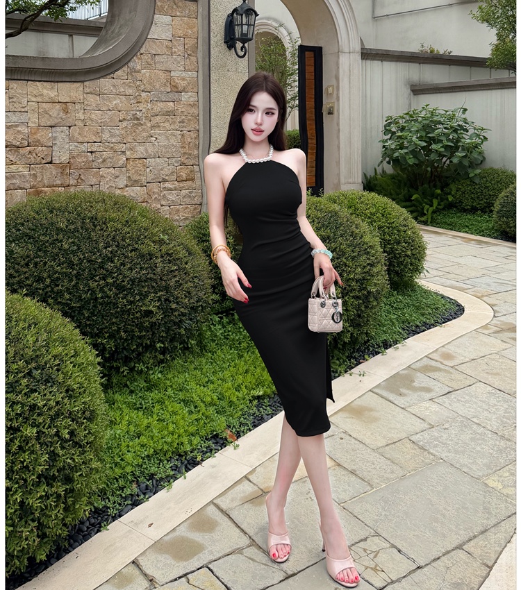 France style pearl halter elegant slim dress for women