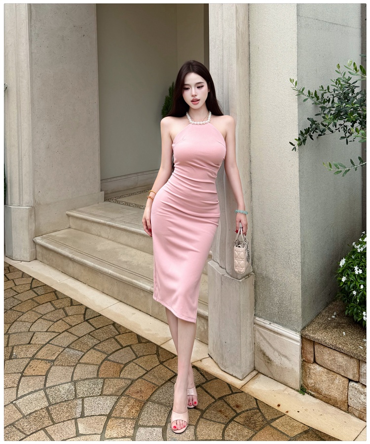 France style pearl halter elegant slim dress for women