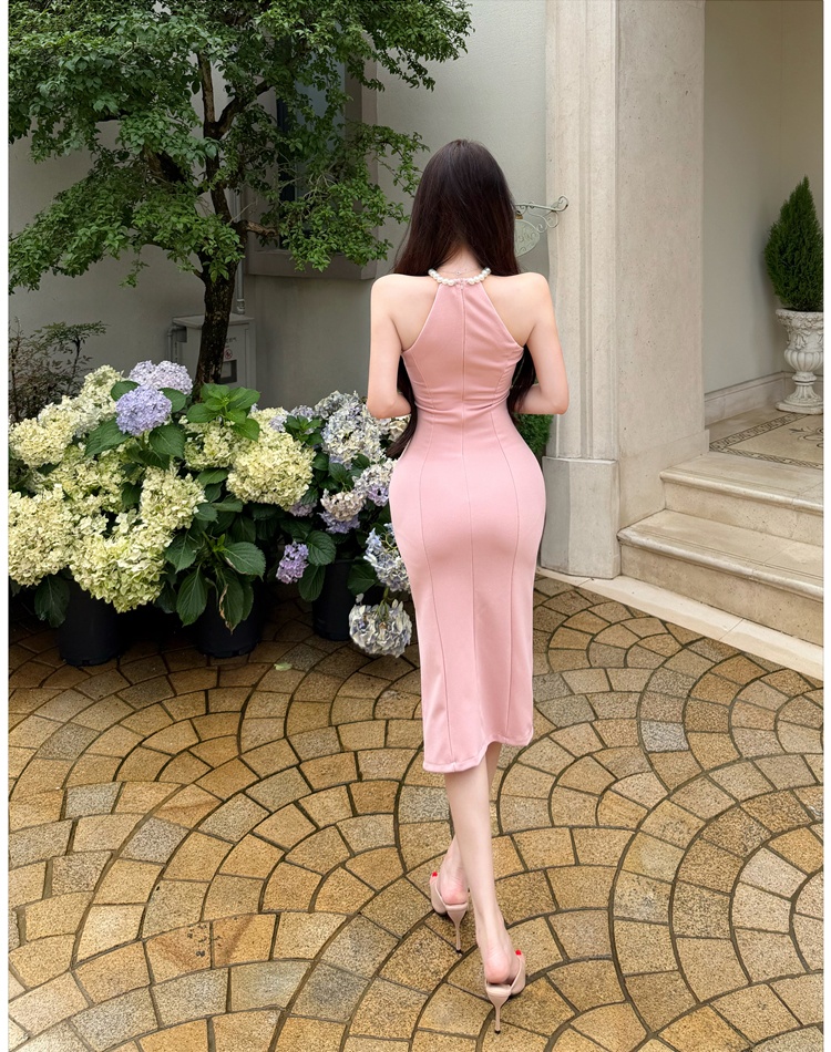 France style pearl halter elegant slim dress for women