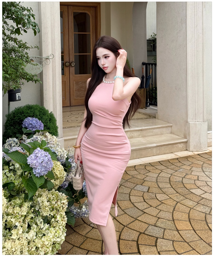France style pearl halter elegant slim dress for women