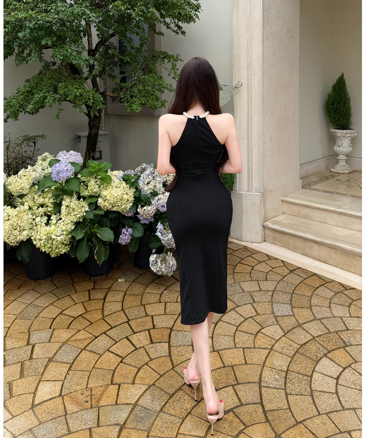 France style pearl halter elegant slim dress for women