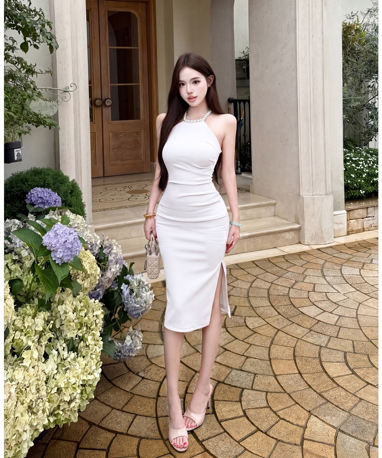 France style pearl halter elegant slim dress for women