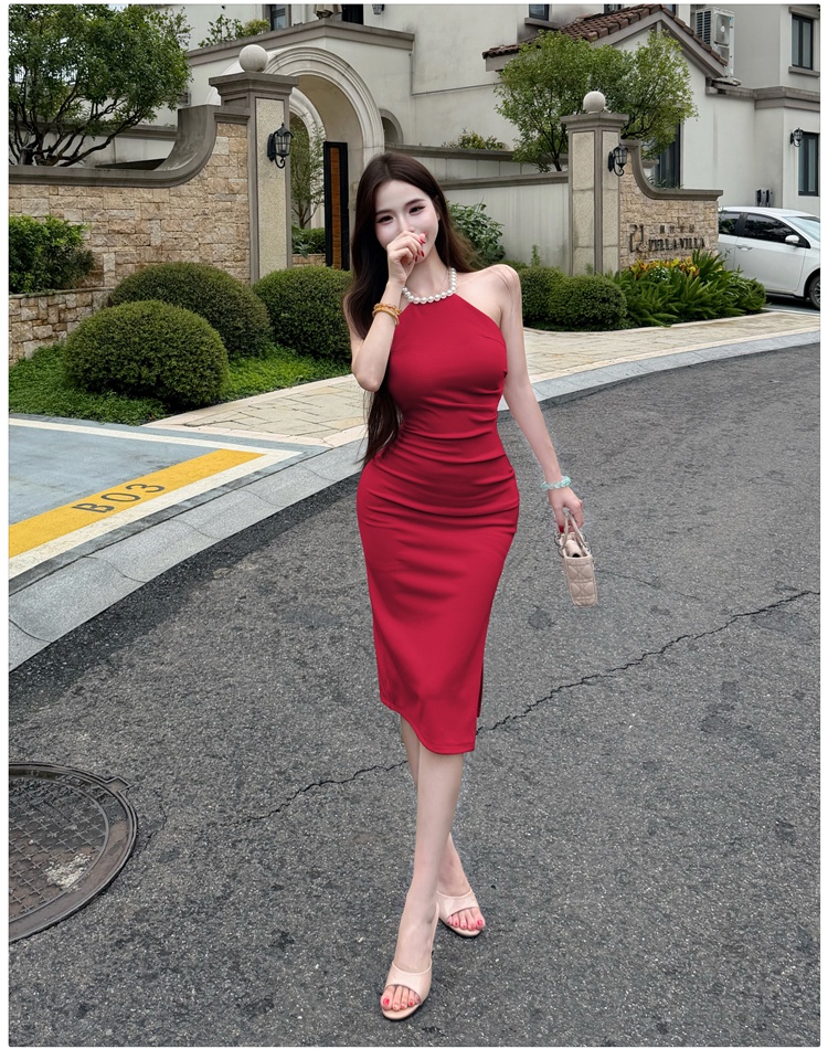 France style pearl halter elegant slim dress for women