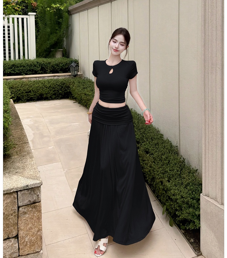 Drape hollow fashion skirt short sleeve ladies tops 2pcs set