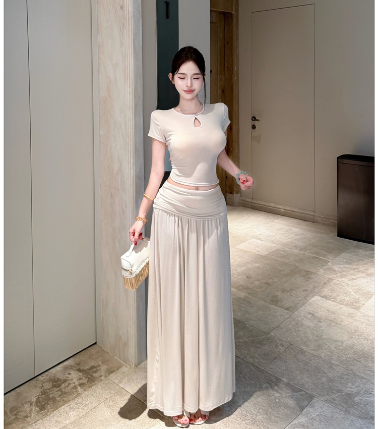 Drape hollow fashion skirt short sleeve ladies tops 2pcs set