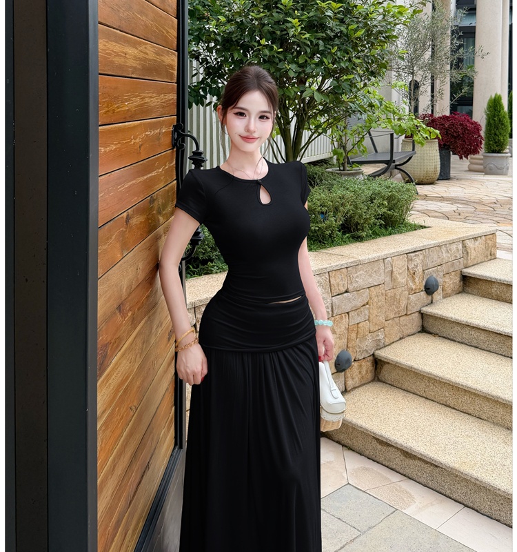 Drape hollow fashion skirt short sleeve ladies tops 2pcs set