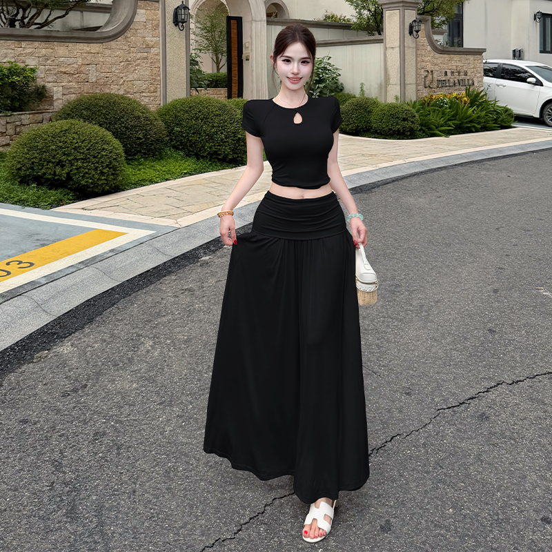 Drape hollow fashion skirt short sleeve ladies tops 2pcs set