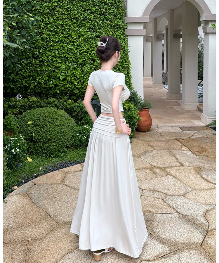Drape hollow fashion skirt short sleeve ladies tops 2pcs set