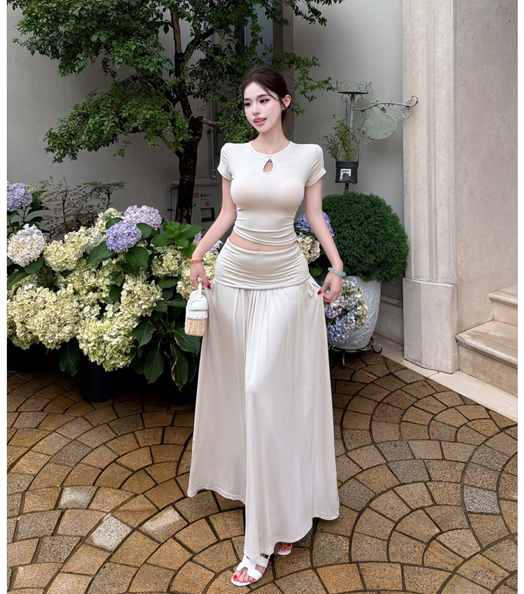 Drape hollow fashion skirt short sleeve ladies tops 2pcs set