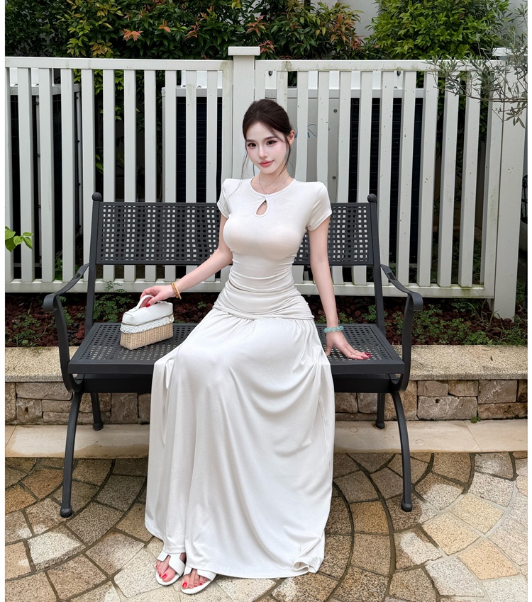 Drape hollow fashion skirt short sleeve ladies tops 2pcs set