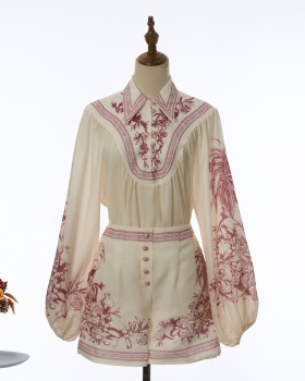 Printing retro shorts loose flowers shirt a set