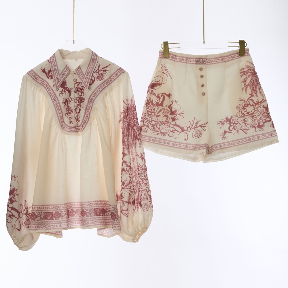 Printing retro shorts loose flowers shirt a set