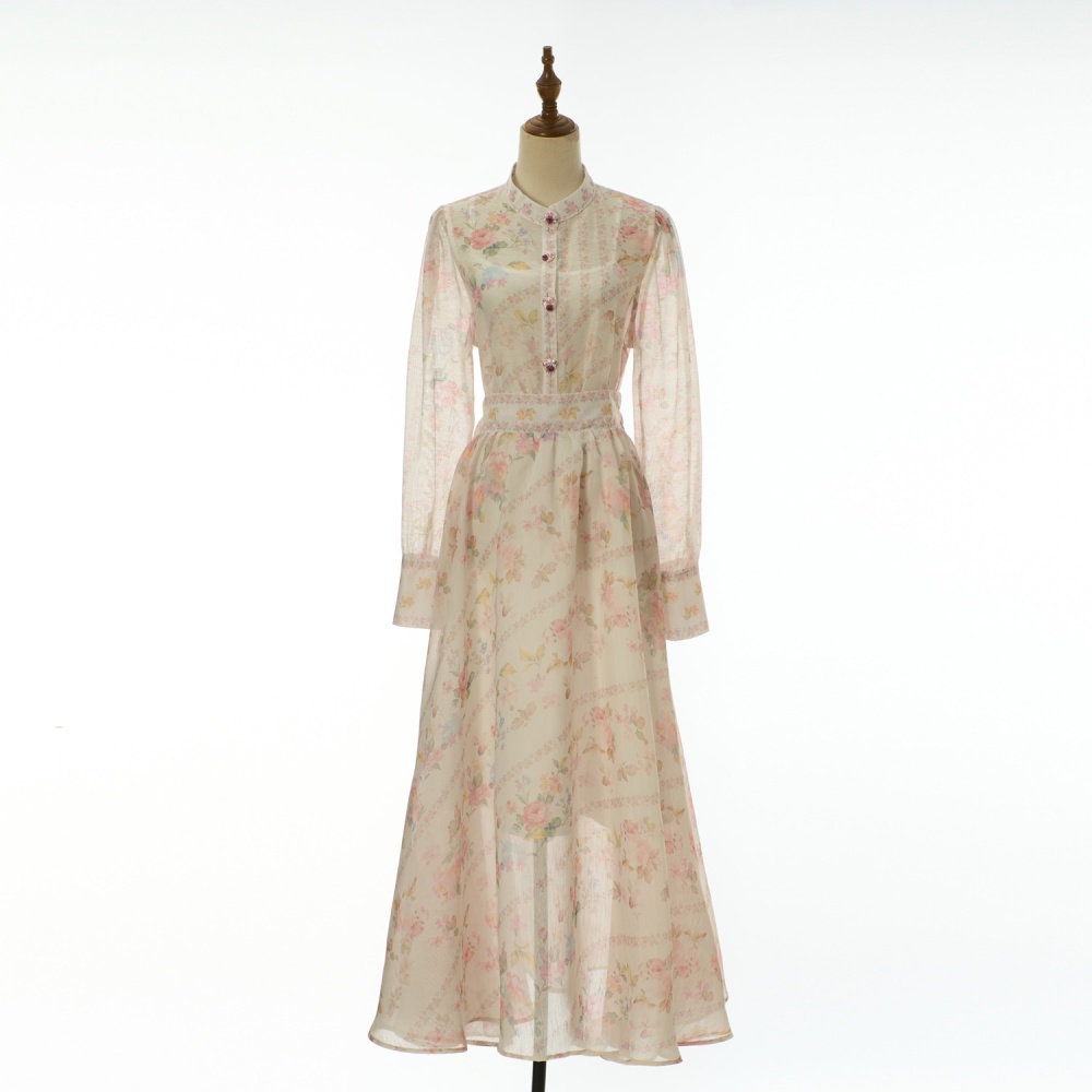 Long printing colors buckle diamond elegant skirt a set