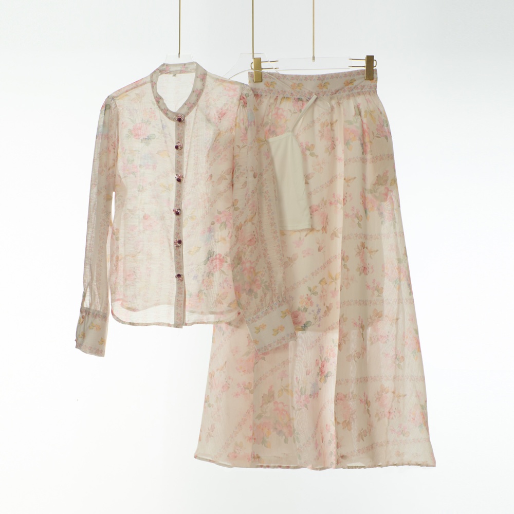 Long printing colors buckle diamond elegant skirt a set