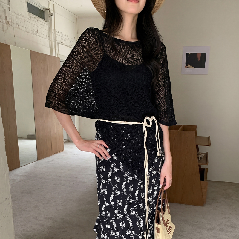 Frenum loose strapless tops lazy irregular hollow sweater