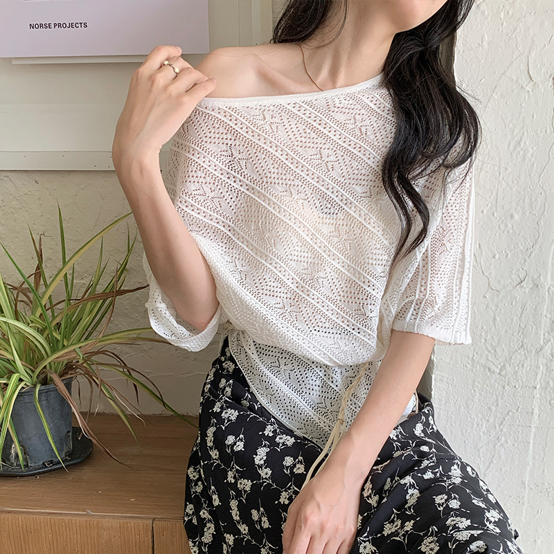 Frenum loose strapless tops lazy irregular hollow sweater