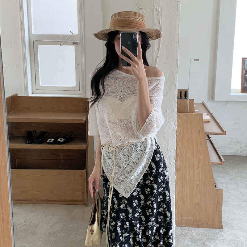 Frenum loose strapless tops lazy irregular hollow sweater