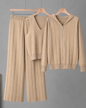 Knitted wide leg pants sling vest 3pcs set for women