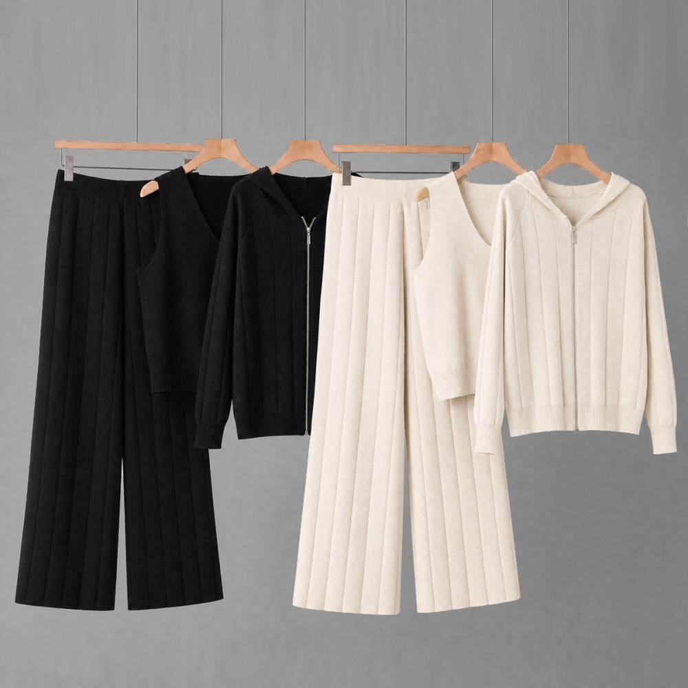Knitted wide leg pants sling vest 3pcs set for women