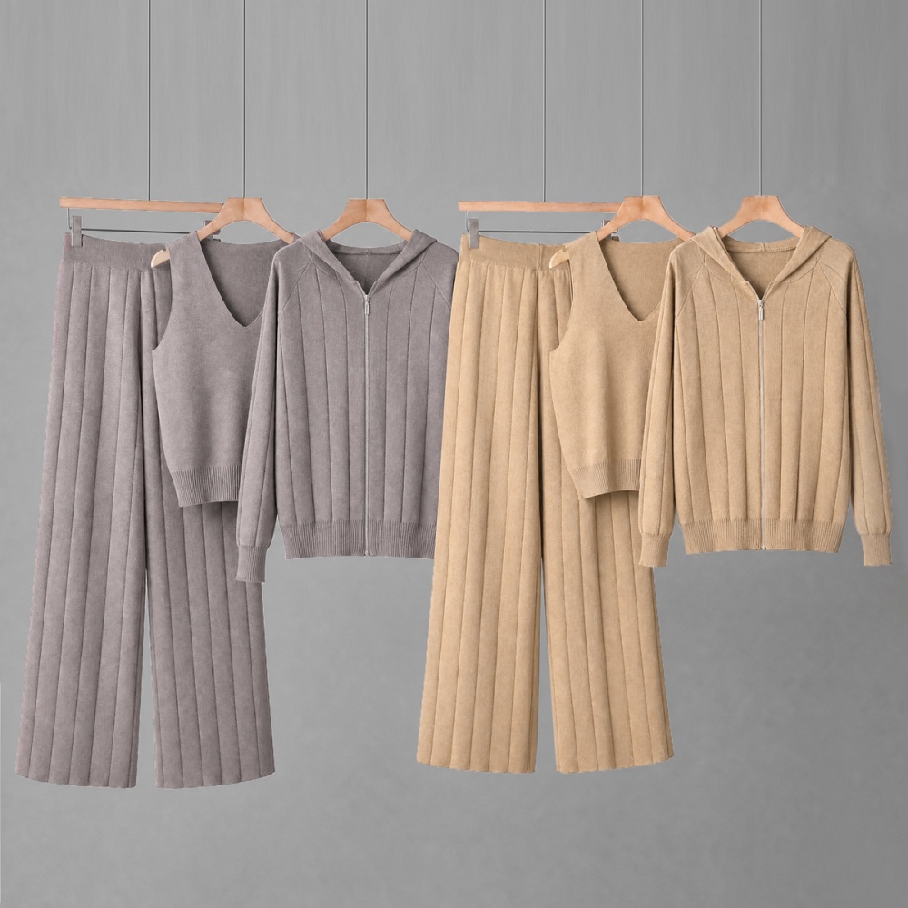 Knitted wide leg pants sling vest 3pcs set for women