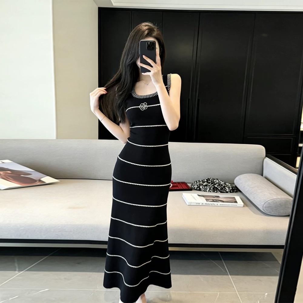 Stripe knitted sleeveless dress black bottoming colors vest