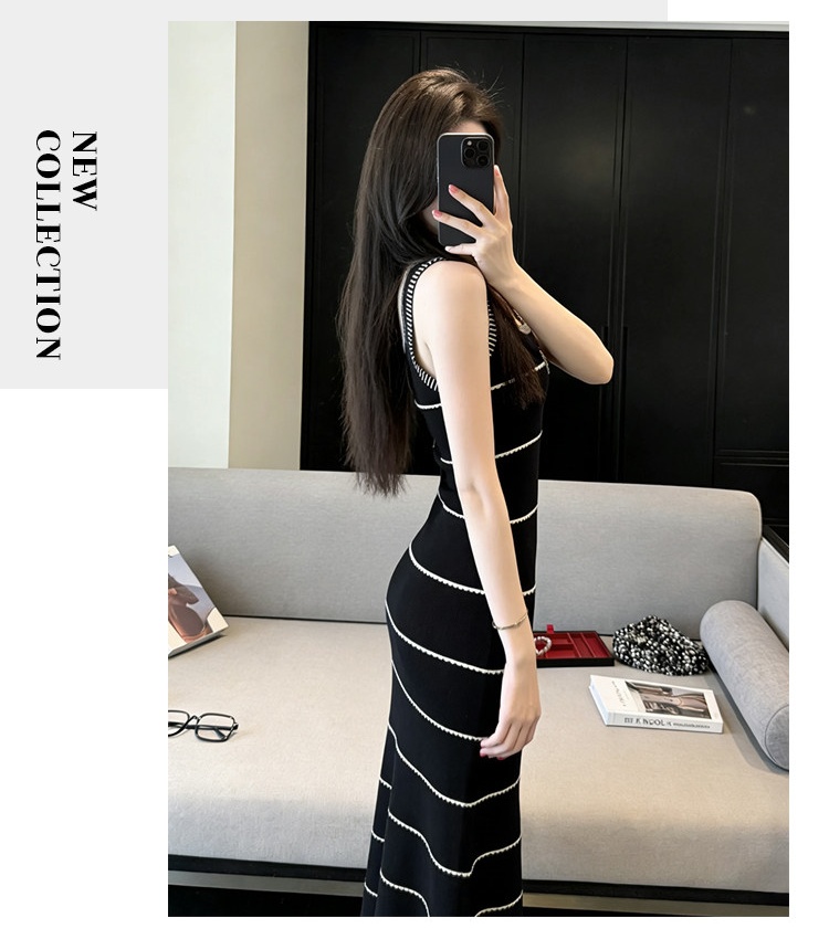 Stripe knitted sleeveless dress black bottoming colors vest