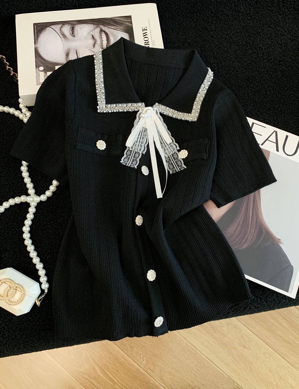 Chanelstyle bow cardigan short sleeve sweater for women