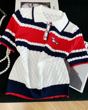 Hollow short sleeve tops lapel summer sweater