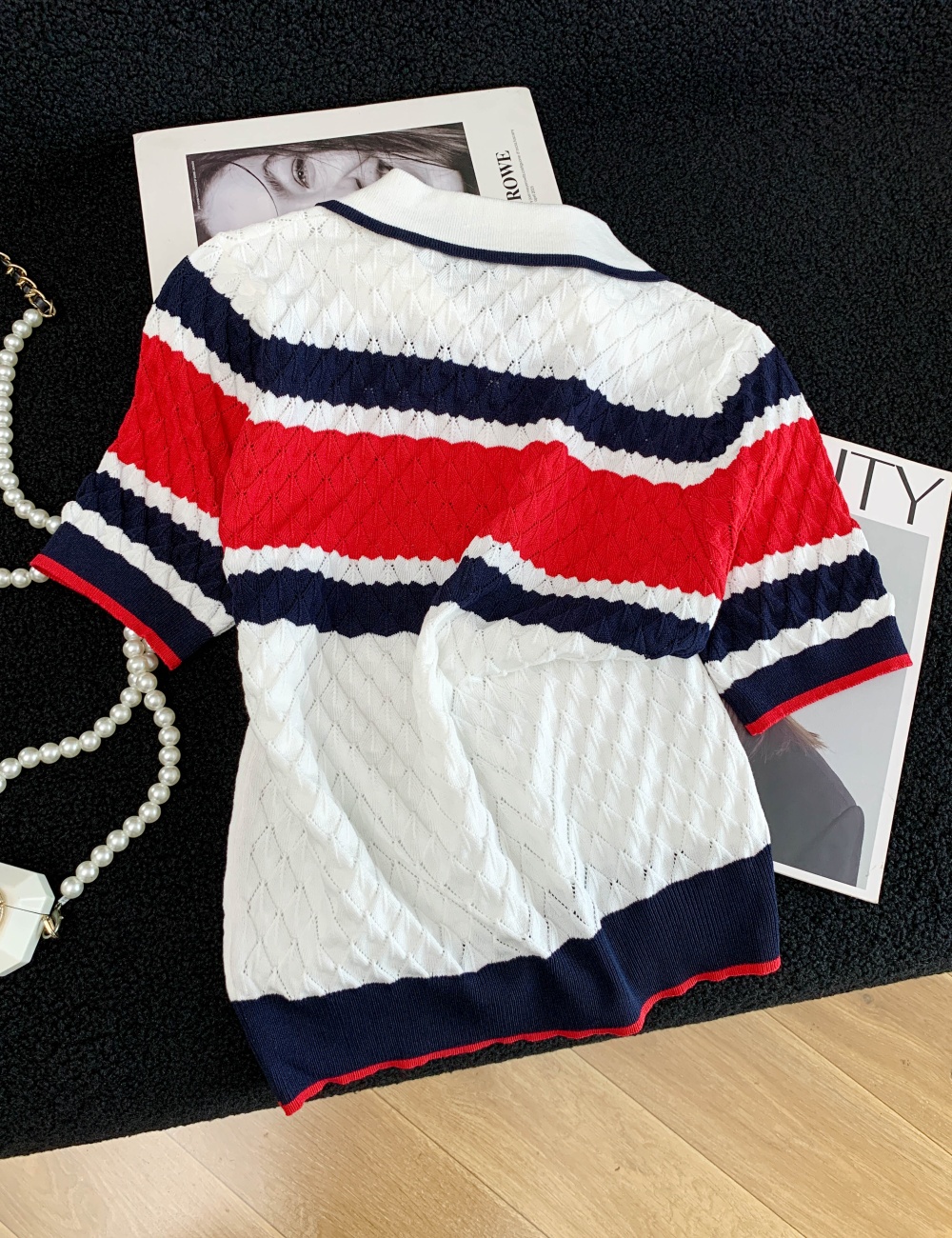 Hollow short sleeve tops lapel summer sweater