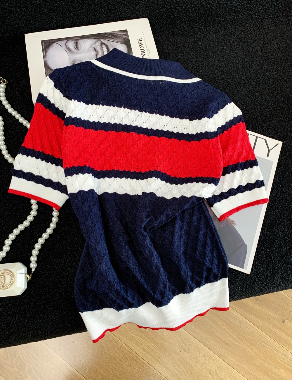 Hollow short sleeve tops lapel summer sweater