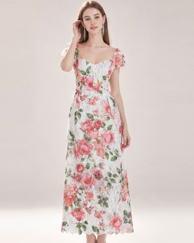 Slim embroidery square collar lace niche rose hollow dress