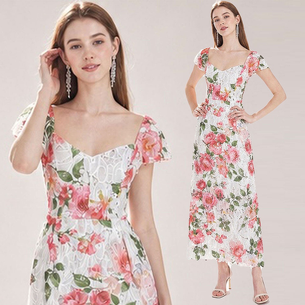 Slim embroidery square collar lace niche rose hollow dress
