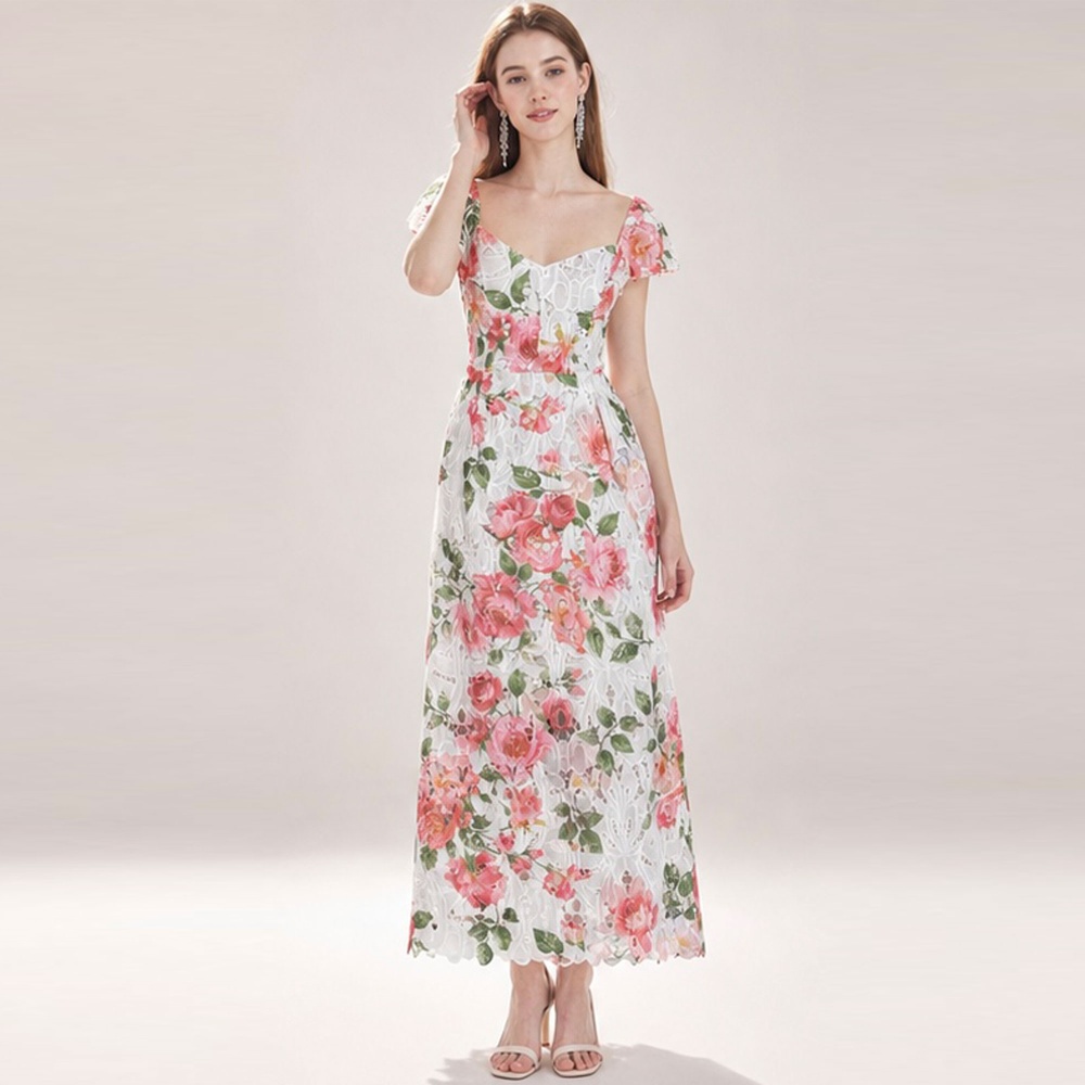 Slim embroidery square collar lace niche rose hollow dress