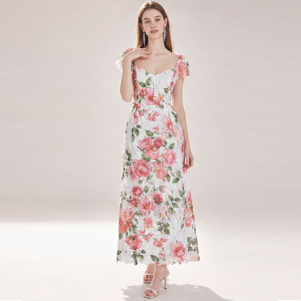 Slim embroidery square collar lace niche rose hollow dress