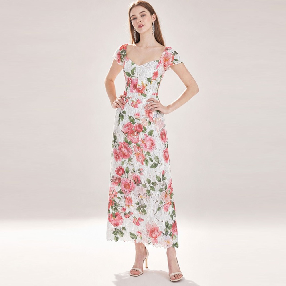 Slim embroidery square collar lace niche rose hollow dress