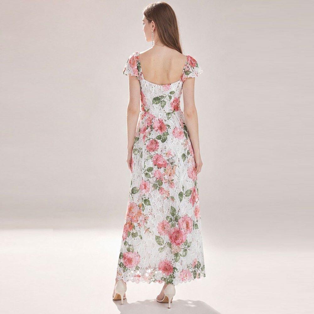 Slim embroidery square collar lace niche rose hollow dress