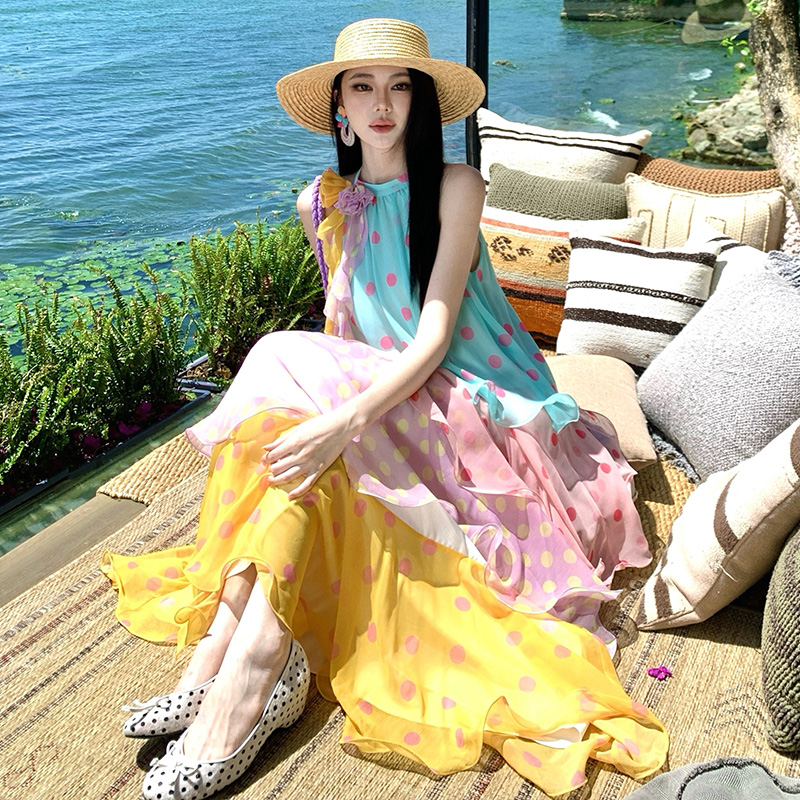 Cake sweet vacation dress maiden polka dot colors long dress