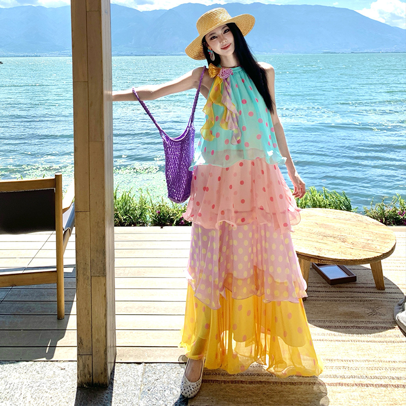 Cake sweet vacation dress maiden polka dot colors long dress